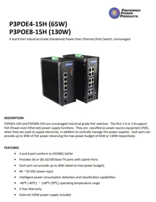 Network Ethernet 8 port Industrial Grade  PoE. Hardened, Unmanaged.  