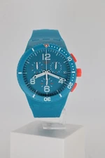 NEW rare Swatch PATMOS SUSN406 Men's Soft Plastic Miami Blue Watch Chronograph