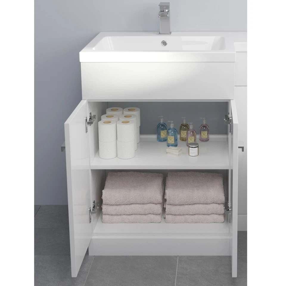 White Gloss Toilet & Basin Vanity Unit Combination Doors 110cm LH Modern Bath - Image 4 of 4