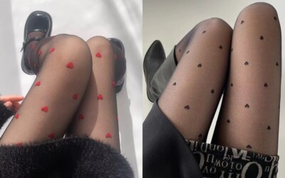 NEW HEART PATTERNED TIGHTS SHAPED PANTYHOSE  STOCKINGS RED BLACK THIN SHEER LOVE