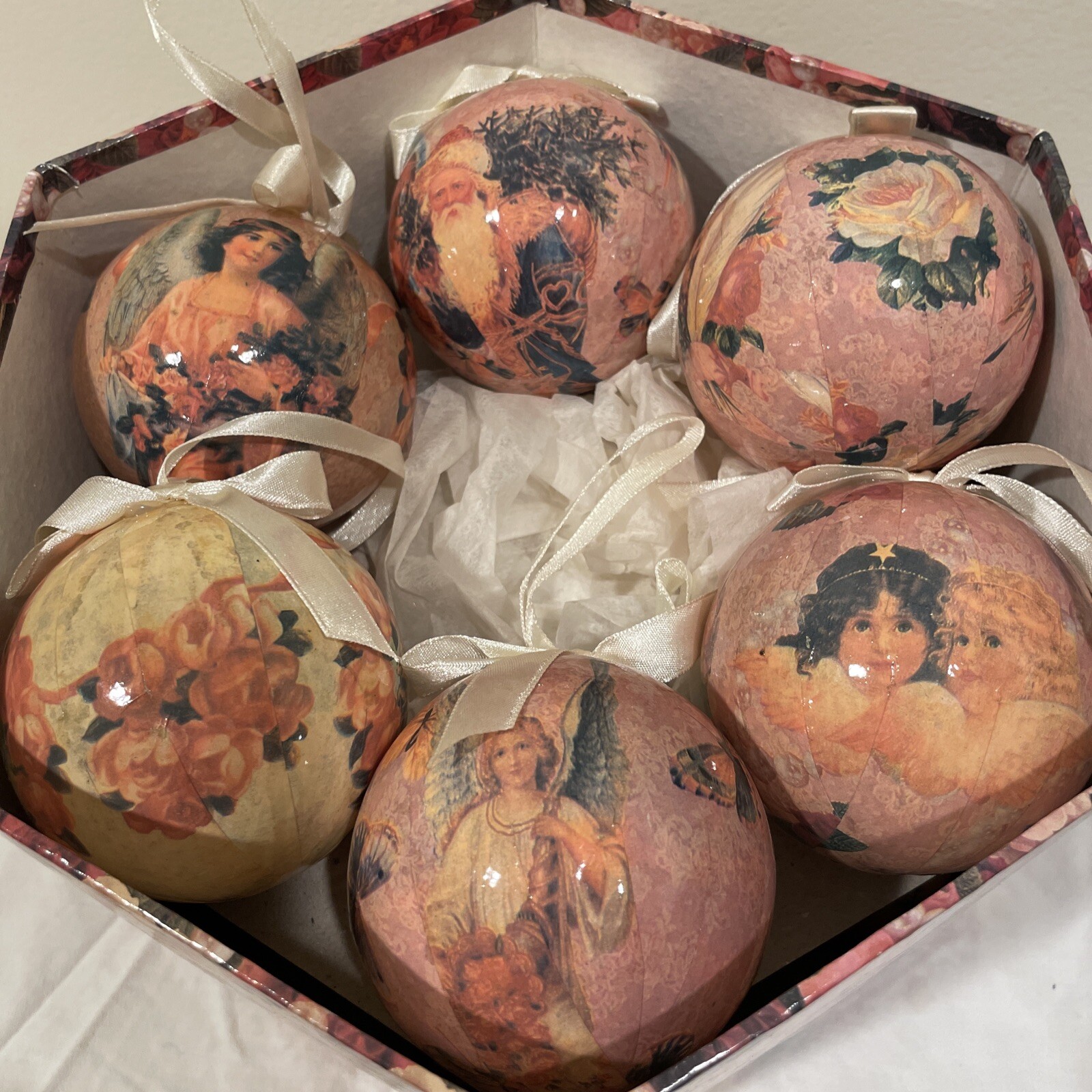 Vtg 1995 C&F Christmas Victorian Decoupage 12 Ball Ornaments Angels Santa Roses