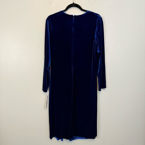 Calvin Klein Wrap Dress 16 Velvet Ruched Gold Brooch V Neck Long Sleeve Blue NWT - Picture 2 of 7