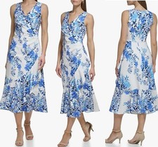 Eliza J Sleeveless V-Neck Midi Dress Womens 4 White Blue Floral Vacation NEW