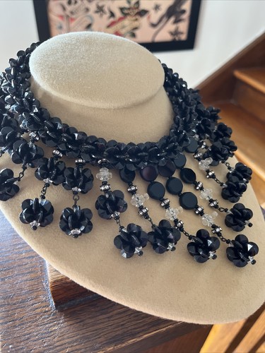 Miriam Haskell Vintage Signed Black Lucite Festoon Statement Choker Necklace - Picture 9 of 11