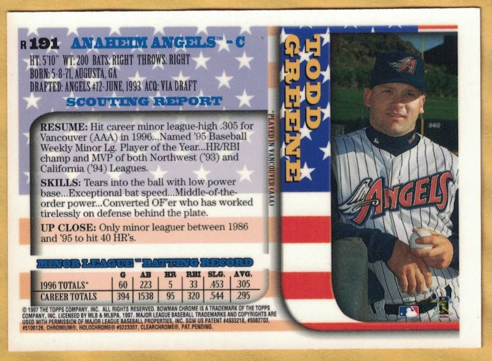 Todd Greene - 1997 Bowman Chrome (#191) Refractor International Flag USA - Image 2 of 2