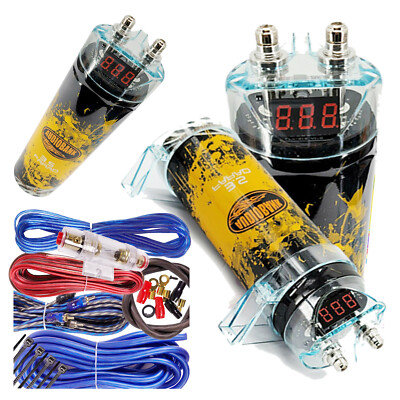 3500 Watts PRO 3.5 Farad Capacitor Car Audio Power 12V Display + 8 Ga KIT BLUE