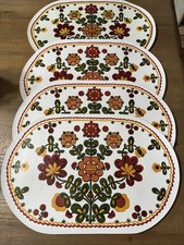 VTG~Vinyl Oval Table Placemats White w/Red Yellow Green Flowers~Set of 4~NUC