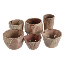 Set of Six Signed Dusty Rose Studio Pottery Vases and Bowls