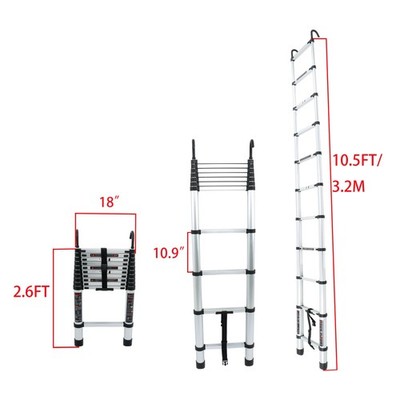 8.5/10.5/12.5/14.5 FT W/ Non-Slip Feet & Stable Hook Telescoping Ladder Aluminum