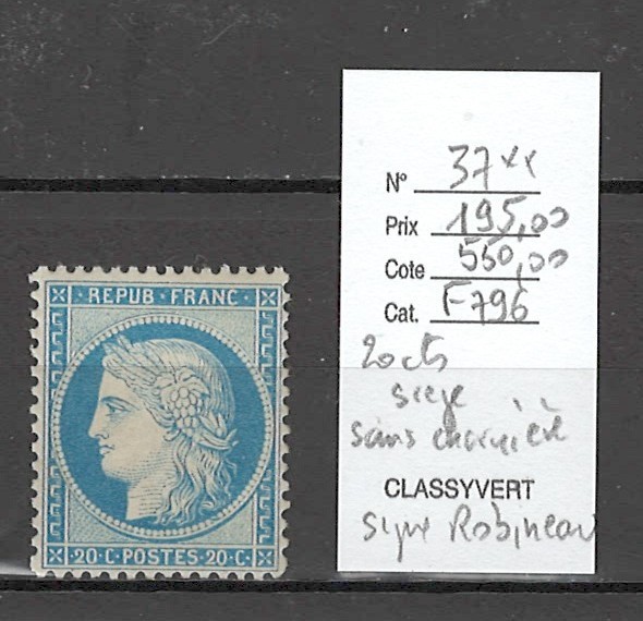 France - Yvert 37** - 20cts Siege de Paris - SANS CHARNIERE - SIGNE ROBINEAU