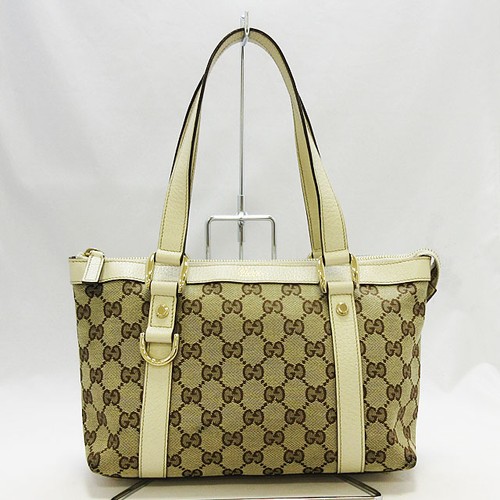 GUCCI 141471 GG Canvas Leather Beige Ivory Handbag #PB16100