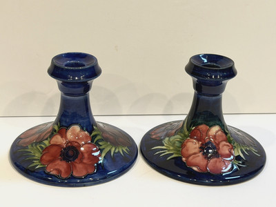 Moorcroft Anemone Blue Art Pottery Pair (2) of Candle Sticks Holders Signed 4''