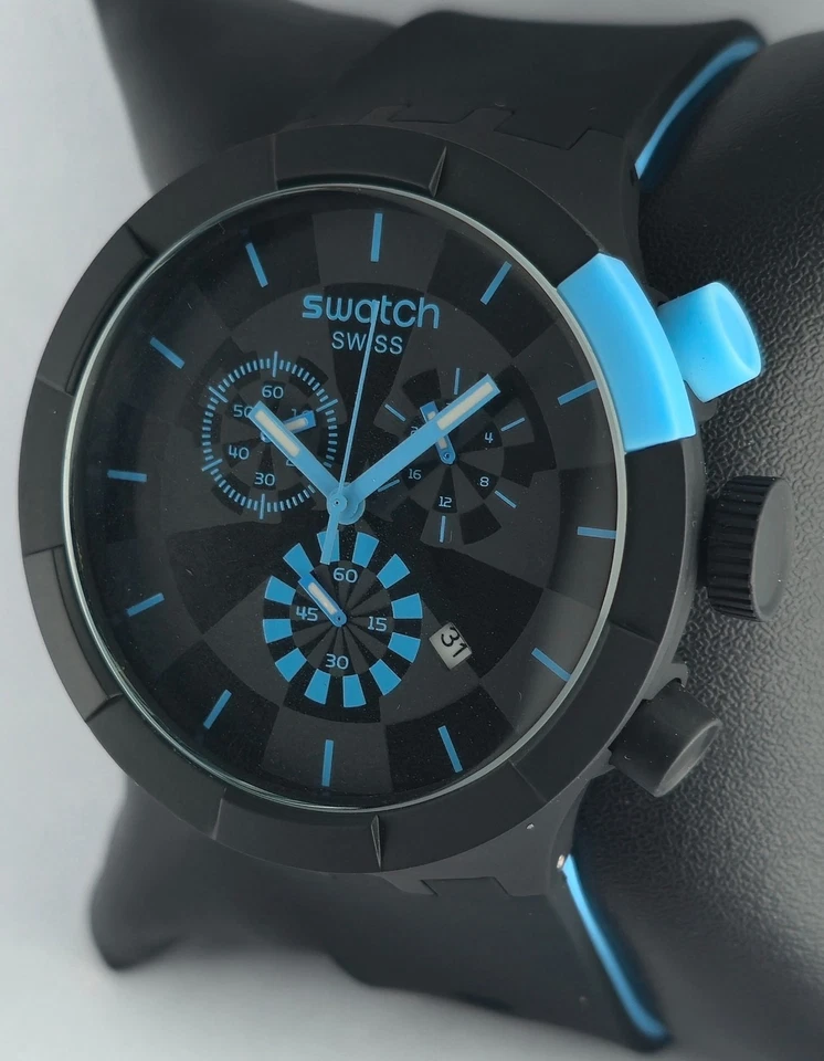 Reloj pulsera de cuarzo Swatch de lujo cronógrafo para hombre esfera negra con fecha correa de goma Foto 3 de 4