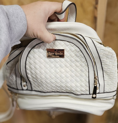 Kate Spade White Woven Backpack for Women with Zipper Accent