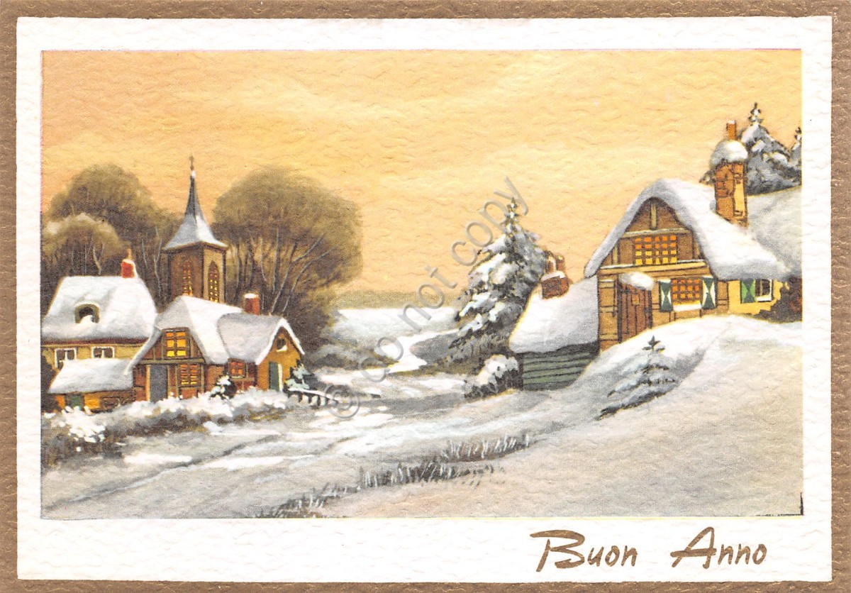 Cartolina Buon Anno lotto di 6 cartoline illustrate bordo oro case montagna neve