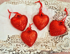 Red Heart Ornaments Glitter PERFECT for Valentines Tree Qty 4 NEW
