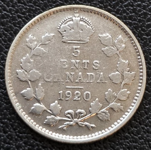 1920 Canada Silver 5-Cent Coin - 80% Silver - Cleaned
