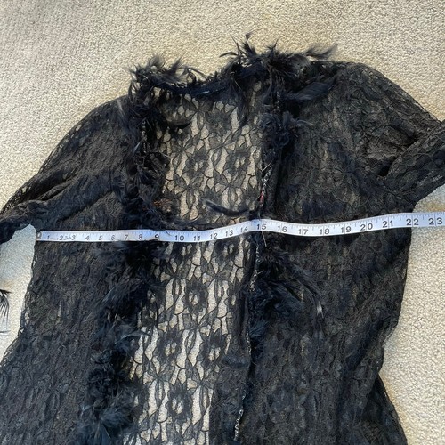 Vintage 80s Lace Feather Trim Long Robe Gothic Coquette Duster Lingerie SML - Picture 13 of 18