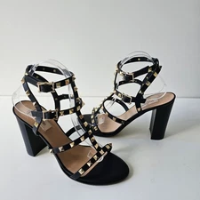 Valentino Rockstud City Block Heel Strappy Black Leather Sandal Heels 40.5