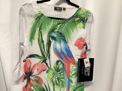 Onque Casual Women s Top Tropical Parrot with Floral Print SZ PM New