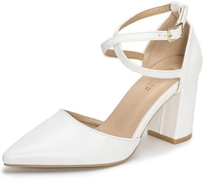 ANGBATER Mid Block Heel 2.1" Court Shoes Pointed Toe Ankle Strap Slingback Sandals Size 7