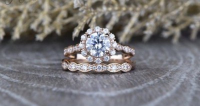 Moissanite Wedding Scalloped Band Bridal Ring Set 14K Rose