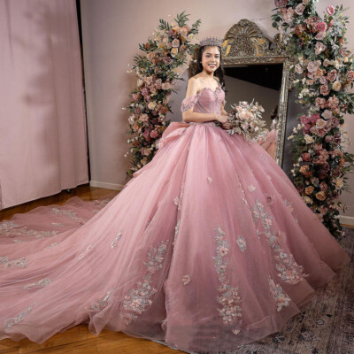 Pink Princess Quinceanera Dresses Sparkling 3D Flowers Prom Ball Gowns  Sweet 16