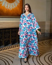 Muslim Women Floral Kaftan Abaya Maxi Dress Dubai Islamic Evening Party Gown New