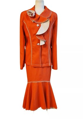 Sundays by Nubiano Women PC Orange Beige Flare Skirt Suit Sequin Ruffle  Size