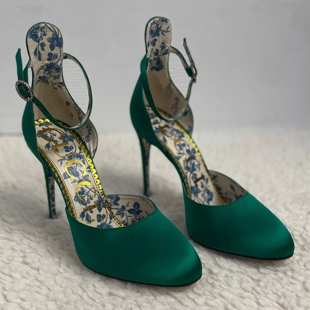Escarpins Gucci satin marguerite bride cheville d'Orsay 105 taille 37 US 7 vert émeraude printemps
