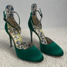 Gucci Satin Daisy Ankle Strap d'Orsay 105 Pumps Sz 37 US 7 Emerald Green Spring