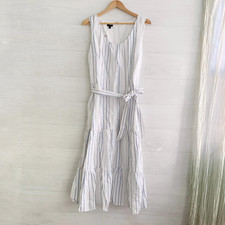 NWT Talbots - White blue striped tiered sleeveless linen dress sash belt, sz 14
