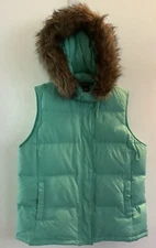 Gap Down Puffer Vest Green Faux Fur Trim Removable Hood Women’s Small