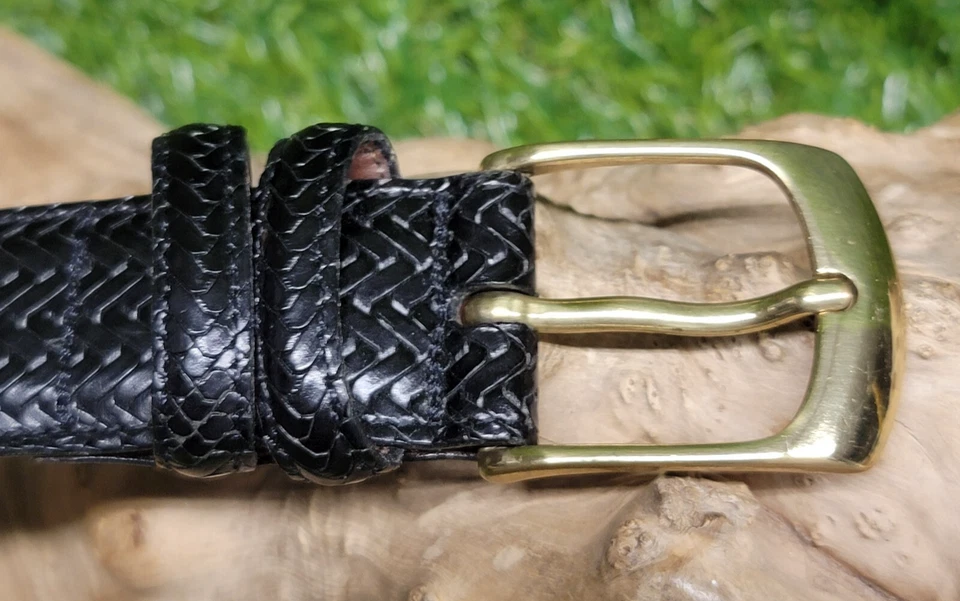 复古 Crook Horn 黑色皮革编织腰带美国男式 38 码黄铜扣意大利 — 第 2/4 张图片