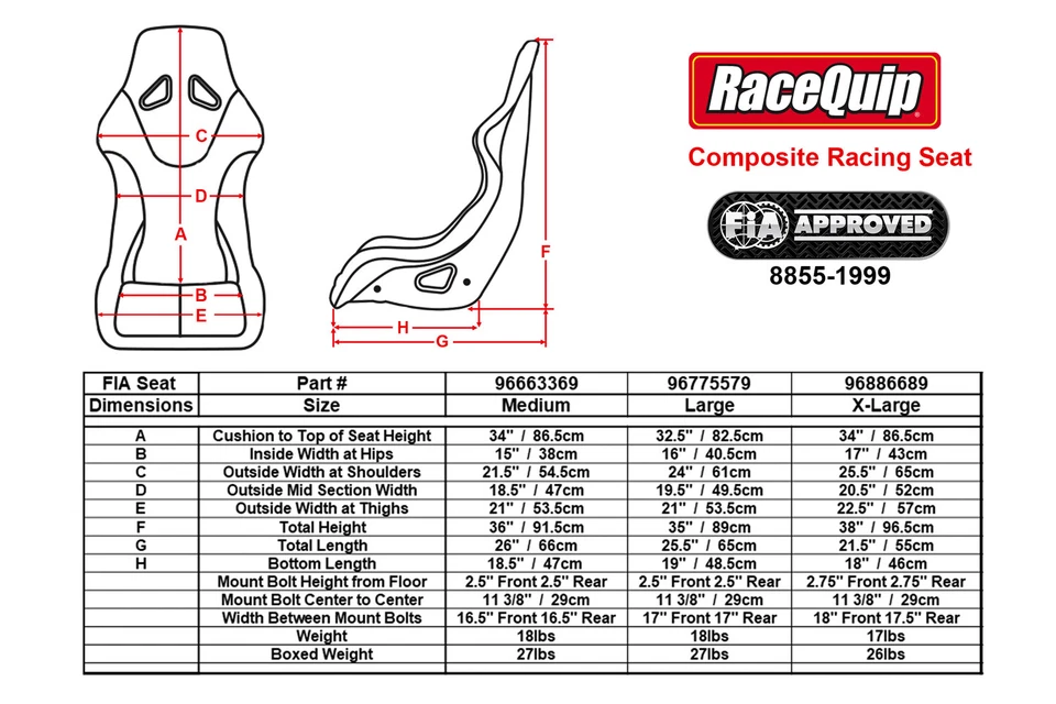 Asiento de carreras compuesto RaceQuip clasificación FIA 17 pulgadas X-grande 96886689 con refuerzos Foto 2 de 3