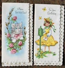 2 Vtg MCM Embossed Die Cut Greeting Cards Birthday Get Well Kitten-unused