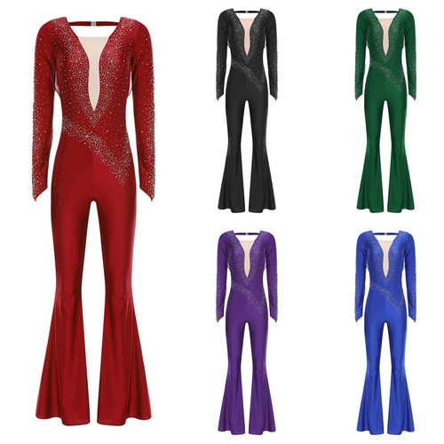 Damen Tanzkleidung Kostüm Pullover Cha-cha Rompers Langarm Tanz Schnitt Strass - Bild 5 von 61
