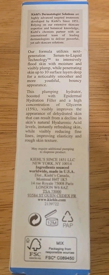 Kiehl's Suero Hydro-Plumping Concen con Relleno Epidérmico y 15% Glicerina 2.5 OZ NUEVO EN CAJA Foto 4 de 4