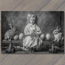 POSTCARD Victorian Girl Rabbits Eggs Bench Portrait Black White Antique Look