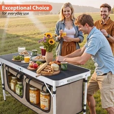 Vecukty Portable Camping Table Set w/ Storage - Aluminum Kitchen Station, Brown