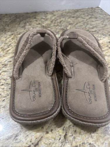 Mens Blue Fin Slide Sandals Brown Fabric with Memory Foam Size 11 Great cond. - Picture 3 of 8