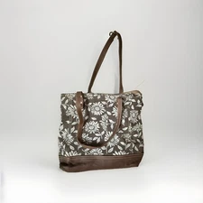 Flowered Recycled Canvas + Leather Tote Bag Gray/Brown Zip Pocket on Back Lined