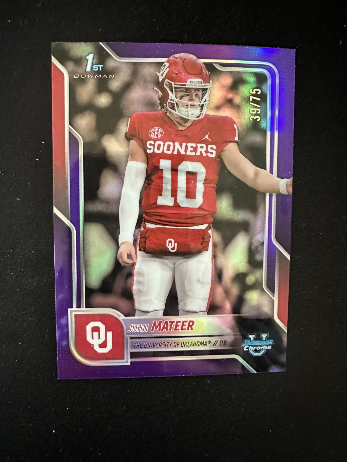 2025 Bowman Chrome U John Mateer #1 1st Purple Refractor 39/75 Oklahoma Sooners