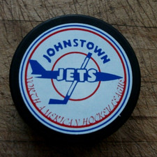 VINTAGE JOHNSTOWN JETS NAHL HOCKEY PUCK RARE & UNIQUE COLLECTIBLE, HANSON BROS.