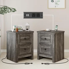Nightstand Set of 2 with Charging Station, Farmhouse End Table with 2 Grey