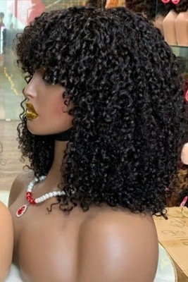 Vietnamese Human Hair Wig for Women Long Curly Wig with Bangs Black