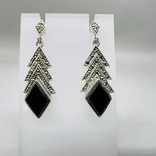 TJT Signed Sterling Silver 925 Marcasite & Onyx Drop Dangle Earrings 