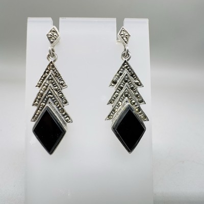 TJT signierte Ohrhänger Sterlingsilber 925 Markasit & Onyx 