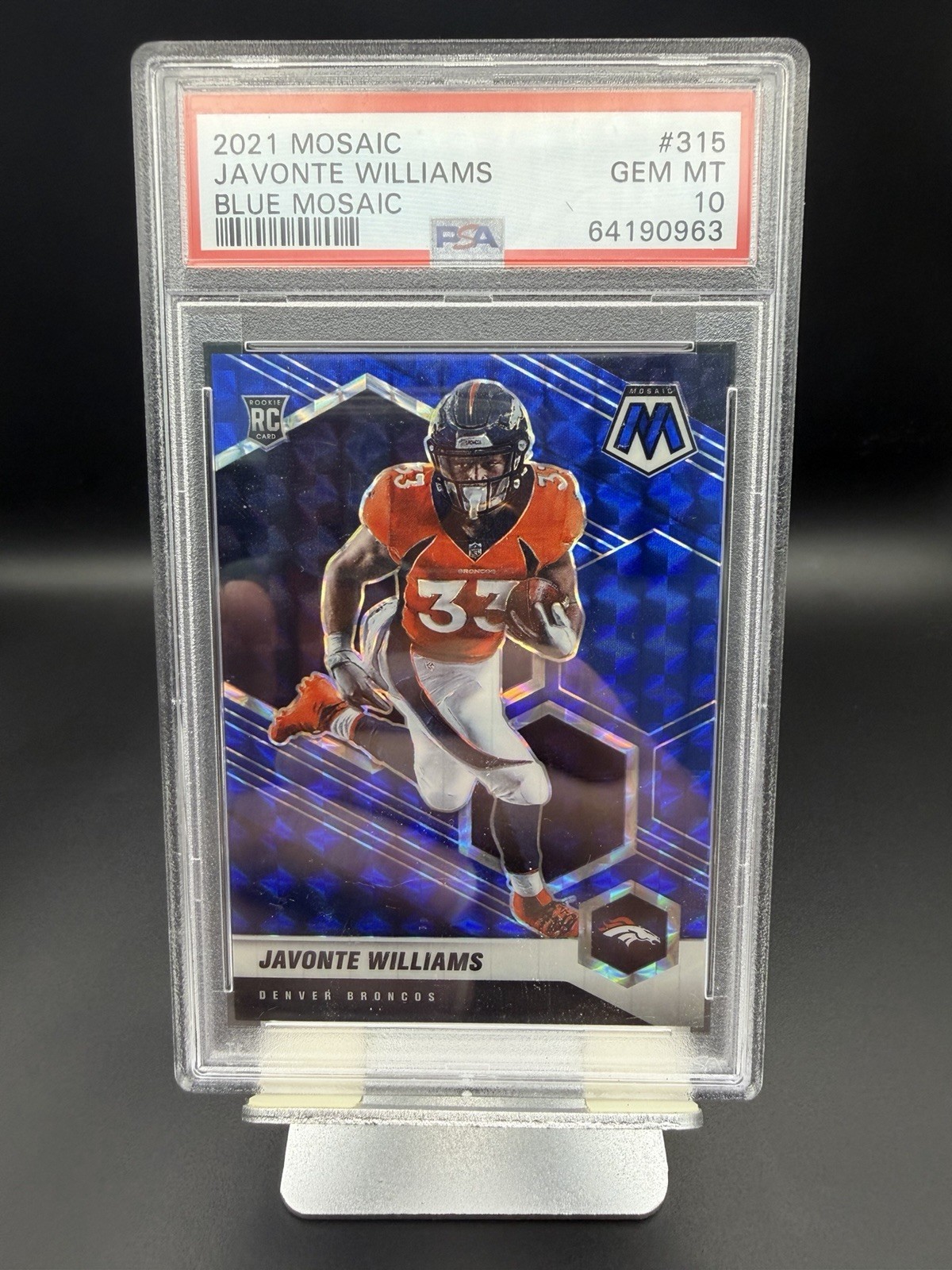 2021 Panini Mosaic Javonte Williams RC Blue Mosaic Prizm #315 /99 PSA 10