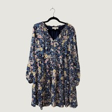 LOFT Womens Floral Tiered Mini Dress Navy Blue Long Sleeve Cottage Whimsical XL